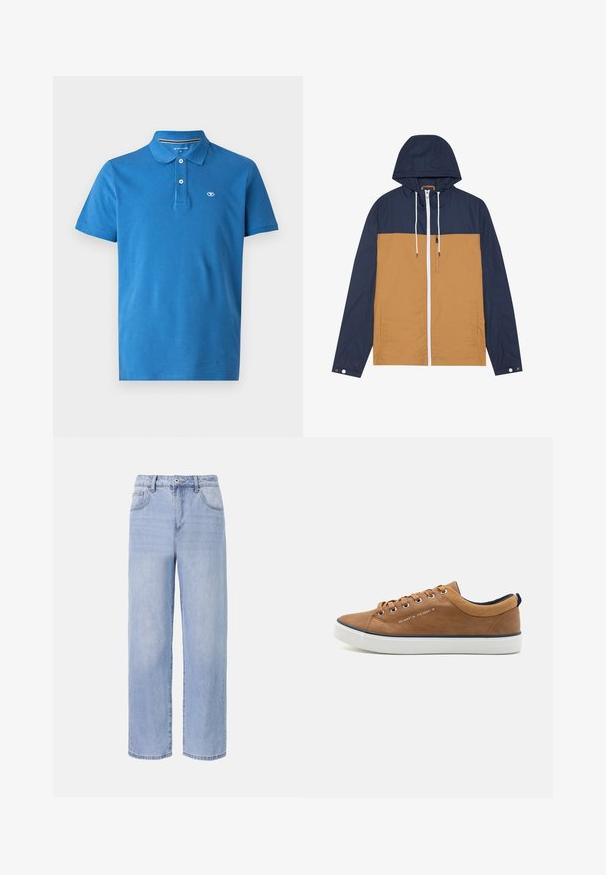 Kleur geblokte jas met een marineblauwe capuchon en mouwen, een tan kleurig lichaam, een witte rits en voorzakken met een gladde textuur.; Blauwe poloshirt van katoen, met een kraag, een sluiting met twee knopen, korte mouwen en een klein logo op de borst.; Lichtblauwe denim jeans met een ontspannen, wijde pasvorm. Kenmerken zijn onder andere vijf zakken, een sluiting met een knoop aan de voorkant en subtiele vervaging.; Bruine leren sneakers met een ronde neus, witte zool en marineblauwe accenten. Voorzien van metalen oogjes en een gestructureerde kraag.