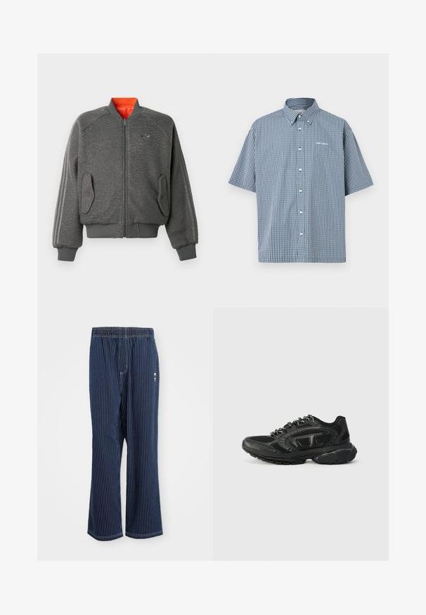 Grau strukturiierte Bomberjacke mit Reißverschluss, gerippten Bündchen und Saum, Klappentaschen, dezentem Adidas-Logo und oranger Krageninnenseite.; Kurzärmeliges Hemd im blau-weißen Vichy-Karos, mit Button-Down-Kragen und Knopfleiste vorne. Textlogo auf der Brust.; Marine gestreifte Hose mit hellblauen vertikalen Streifen, elastischem Bund, weit geschnittenem Bein und kleinem Logo an der Seite. Der Stoff hat eine glatte Textur.; Schwarze Sport Sneaker mit einem Obermaterial aus Mesh, strukturierten Akzenten und gepolstertem Kragen. Schnürdesign mit einer dicken Gummisohle für Unterstützung.