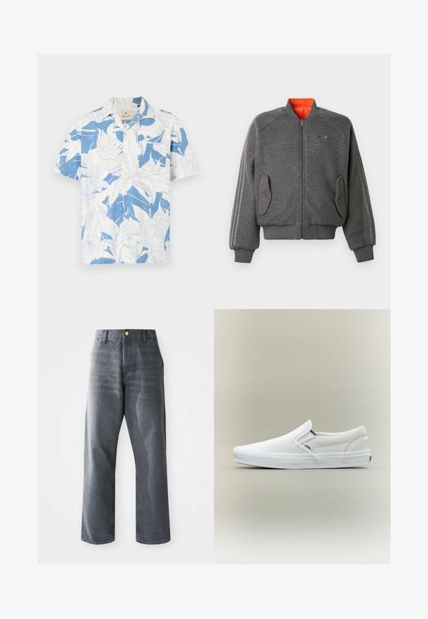 Chaqueta bomber gris con textura, con cierre de cremallera, puños y dobladillo acanalados, bolsillos con solapa, sutil logo de Adidas y forro de collar naranja.; Camisa de manga corta con un estampado de hojas tropicales en blanco y azul, hecha de una tela ligera. Cuenta con un collar clásico y un diseño de botones en la parte frontal.; Jeans de mezclilla gris de pierna ancha y corte holgado para hombres, con bolsillos frontales y un solo botón dorado visible en la cinturilla.; Zapatilla blanca Vans sin cordones con suela de goma y detalles elásticos en los laterales, mostrada sobre un fondo liso.