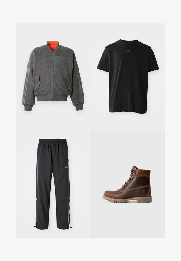 Grau strukturiierte Bomberjacke mit Reißverschluss, gerippten Bündchen und Saum, Klappentaschen, dezentem Adidas-Logo und oranger Krageninnenseite.; Schwarzes T-Shirt mit kurzen Ärmeln und einem kleinen, zentralen Adidas-Trefoil-Logo auf der Brust, präsentiert vor einem schlichten weißen Hintergrund.; Schwarze Sporthose aus leichtem Material, mit weißen Seitenstreifen, einem elastischen Bund und verstellbaren Knöchelbündchen.; Braune Leder-Schnürstiefelette mit gepolsterter Knöchelpartie, kontrastierenden Nähten und robustem Sohlendesign, von der Außenseite auf einem weißen Hintergrund gezeigt.