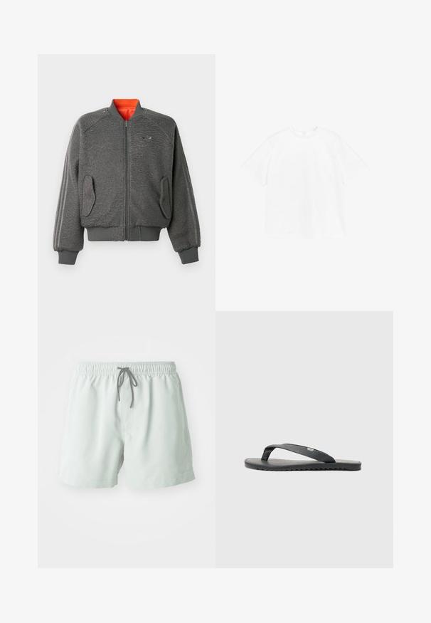 Grå tekstureret zip-up bomberjakke med ribbede manchetter og nederkant, klaplommer, subtilt Adidas-logo og orange kraveforing.; Kortærmet crewneck t-shirt i ensfarvet hvid bomuld. Standard pasform med et simpelt design og ingen synlige mønstre eller accenter.; Lysgrønne svømmedragter med elastisk talje, justerbar snøre og sidelommer. Glat tekstur, længde over knæet.; Sort flip-flop med teksturerede stropper, flad sål og tandet kant. Fremstillet af gummi med en glat finish og minimalistisk design.