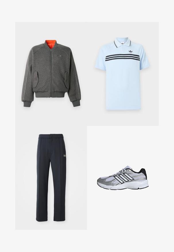 Grau strukturiierte Bomberjacke mit Reißverschluss, gerippten Bündchen und Saum, Klappentaschen, dezentem Adidas-Logo und oranger Krageninnenseite.; Hellblaues Polohemd aus strukturiertem Stoff mit schwarzen Akzentstreifen und einem schwarzen Logo auf der Brust. Verfügt über einen Kragen.; Schwarze gerade geschnittene Hose mit elastischem Bund, Knopfverschluss, Nahtdetails und kleinem weißen Logo "the new originals" am linken Oberschenkel.; Mesh-Sportschuh in Weiß und Silber mit schwarzen Akzenten, drei weißen Streifen als Logo, gepolstertem Kragen und strukturiertem Gummisohle.