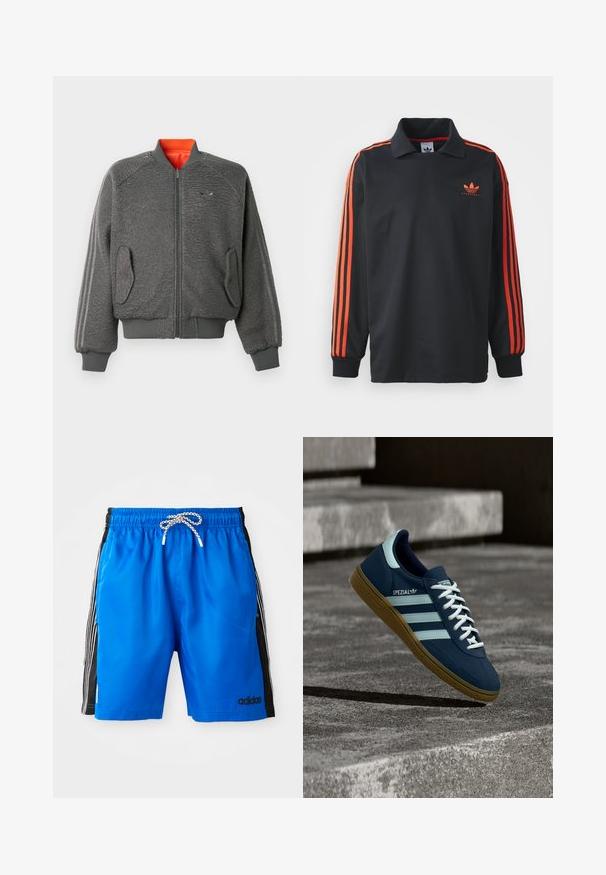 Grå tekstureret zip-up bomberjakke med ribbede manchetter og nederkant, klaplommer, subtilt Adidas-logo og orange kraveforing.; Sort langærmet polo med krave, prydet med røde striber på ærmerne og et lille rødt logo på brystet. Glat stofstruktur.; Blå svømmedragter med elastisk talje, hvid snøre og sorte sidelapper med tre hvide striber og Adidas-logo.; Blå Adidas Spezial sneaker med hvide striber og snørebånd, gummisål, svævende over en ru betongoverflade og trin i baggrunden.