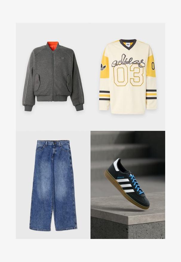 Halli tekstureeritud jakk, mis on varustatud tõmblukuga, ribaköidikute ja hemiga, klapiga taskud, diskreetne Adidas'i logo ja oranž kaeluse vooder.; Kreemikas-kollane Adidas spordisärk pikkade varrukatega, frontaalla ja varrukatel number 03, must V-kaelusega krae ja triibulised mansetid.; Heledad sinised laiad teksad, mis on valmistatud denimist, omavad kõrget vööd, traditsioonilist viie tasku disaini ja rebenenud ääri.; Must Adidas toss valgete triibu, siniste paelte ja kummist tallaga, hõljuv pehme valgusega halli betoonastme kohal.