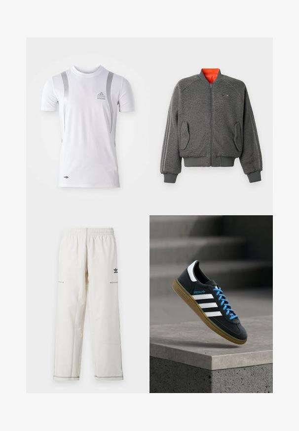 Grijze textuur zip-up bomberjack met ribgebreide manchetten en zoom, flapzakken, subtiele Adidas-logo en oranje kraagvoering.; Wit sportshirt met korte mouwen en zilveren accenten, met een ronde hals en een Adidas-logo op de borst. Gemaakt van vochtafvoerend materiaal.; Witte sportbroek met elastische tailleband, zijzakken en zwarte adidas-logo en stikaccenten. Glad, lichtgewicht materiaal.; Zwarte Adidas-sneaker met witte strepen, blauwe veters en een gumzool die boven een grijze betonnen trede zweeft in zacht licht.