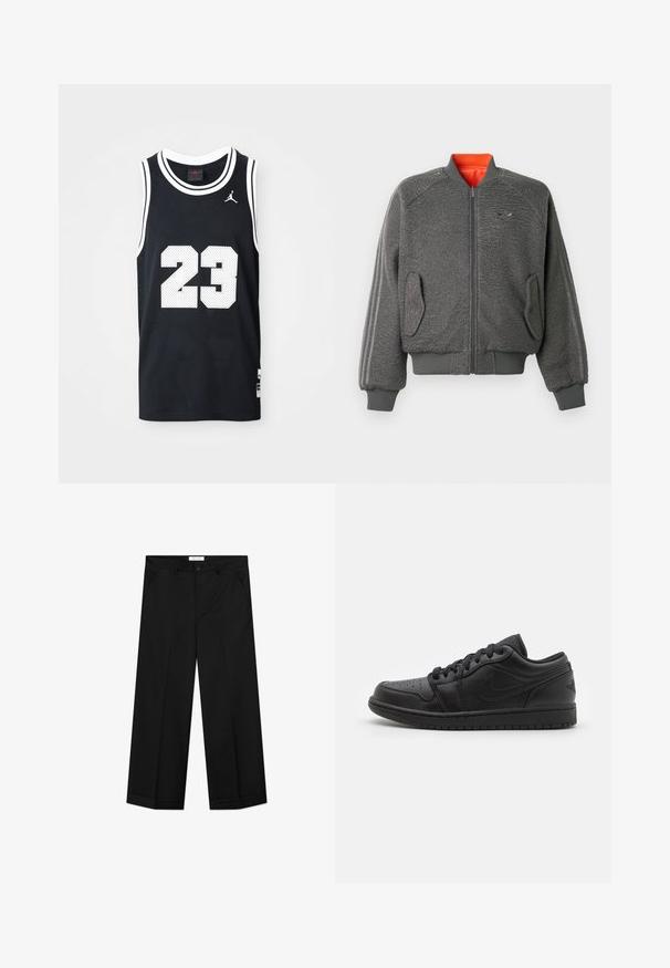 Harmaa teksturoitu vetoketjullinen bomber-takki, jossa on ribbikujat ja helma, läppätaskut, huomaamaton Adidas-logo sekä oranssi kauluksen vuori.; Mustan koripallopaidan, verkkokangasta, hihaton malli. Sisältää valkoisen numeron "23" ja koristeluita. Logo näkyy vasemmalla ylhäällä.; Mustat leveälahkeiset housut, jotka on valmistettu sileästä materiaalista, ja niissä on etutaskut, napillinen suljenta sekä taitos jokaisessa lahkeessa.; Musta nahkakengät matalalla varrella, joissa on reikäpunokset kärjessä, litteät nauhat, pehmustettu nilkka ja teksturoitu pohja. Lopputuloksena on huomaamaton logo kantapäässä.