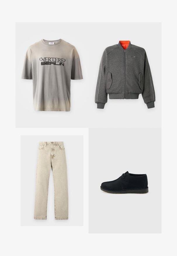 Grau strukturiierte Bomberjacke mit Reißverschluss, gerippten Bündchen und Saum, Klappentaschen, dezentem Adidas-Logo und oranger Krageninnenseite.; Grau verlaufendes T-Shirt mit kurzen Ärmeln, das einen schwarzen Druck von "VERTERE BERLIN" in einer stilisierten Schriftart aufweist, mit weicher Textur und lockerer Passform.; Beige Jeans aus Denim mit hoher Taille, geradem Bein, fünf Taschen und sichtbaren Nähten auf hellem Hintergrund.; Schwarzer Wildleder-Sneaker in niedriger Ausführung mit Schnürung und einer Crepe-Sohle, Seitenansicht vor hellem grauem Hintergrund.