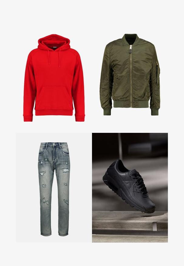 Olivenfarvet bomberjakke, polyester materiale, lynlåslukning foran, ribbede manchetter og kant, sidelommer og en lomme med lynlås på ærmet.; Rød hættetrøje lavet af blødt stof, med en frontlomme, snoretræk i hætten og ribbet manchetter og kant. Enkel design uden synlige logoer.; Lysblå denimjeans med lige ben, der har slidte områder og flosset lapper. Klassisk fem-pocket design med lynlås.; Sorte Nike Air Max-sneakers med en struktureret læderoverdel, gummisål og fremtrædende snøresystem, der viser et slankt, moderne design.