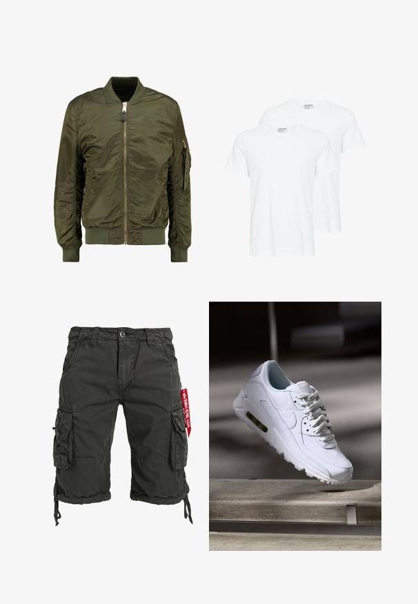 Olivgrüne Bomberjacke aus Polyester, mit Reißverschluss vorne, gerippten Bündchen und Saum, seitlichen Taschen und einer Tasche mit Reißverschluss am Ärmel.; Zwei einfarbige weiße T-Shirts mit kurzen Ärmeln und Rundhalsausschnitt, die sich auf einem weißen Hintergrund überlappen.; Dunkelgrüne Cargo-Shorts aus strapazierfähigem Material, mit mehreren Seitentaschen, einem Kordelzugsaum und einem roten Etikettakzent.; Weiße Lederturnschuhe mit strukturierten Oberflächen, gepolstertem Kragen und sichtbarer Luftpolsterung in der Sohle. Verfügt über Schnürsenkel und ein minimalistisches Design.