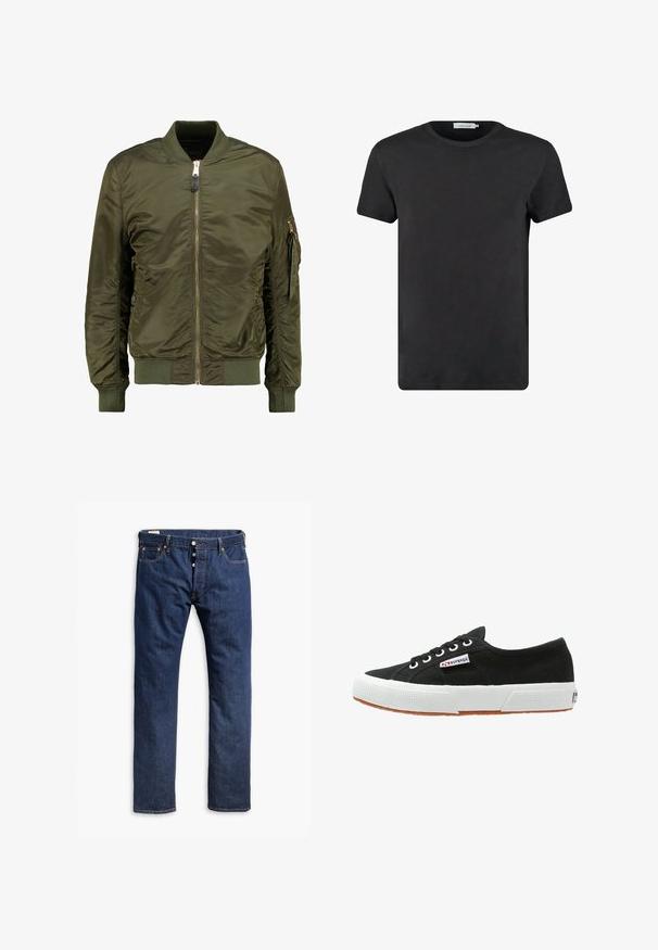 Olivenfarvet bomberjakke, polyester materiale, lynlåslukning foran, ribbede manchetter og kant, sidelommer og en lomme med lynlås på ærmet.; Sort bomulds T-shirt med rund halsudskæring og korte ærmer. Stoffet har en glat tekstur og ingen mønstre eller detaljer. Normal pasform.; Mørkeblå denim jeans med lige ben, kontrastsyninger, knappelukning og fem lomme-stil.; Sort lærredssneaker med hvid gummisål og brunt gummiydersål. Har rund tå, snørebåndsdesign og lille logoetiket på siden.