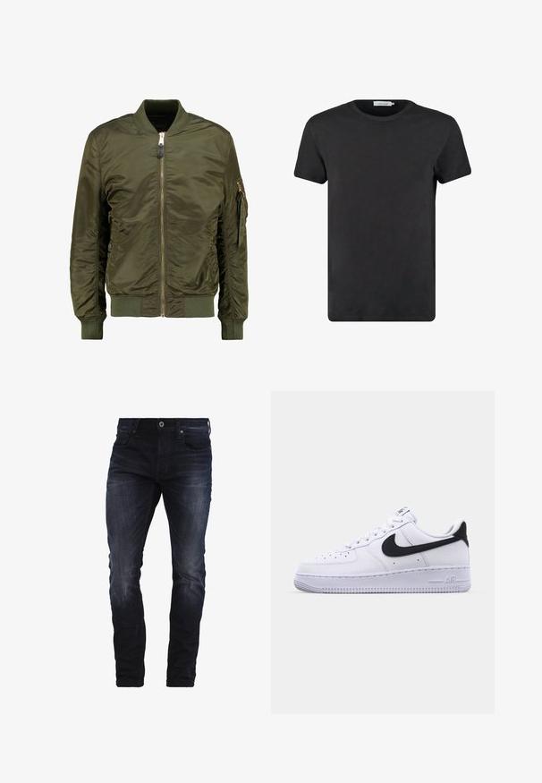 Olivovo zelená bomber bunda, polyesterový materiál, predný zips, rebrové manžety a lem, bočné vrecká a vrecko so zipsom na rukáve.; Čierne bavlnené tričko s okrúhlym výstrihom a krátkymi rukávmi. Tkanina má hladkú textúru a žiadne vzory ani akcenty. Pravidelný strih.; Tmavomodré úzke džínsy so slabým vyblednutím na stehnách a kolenách, s prednými vreckami, pútkami na opasok a zapínaním na gombík.; Biele kožené tenisky s textúrovaným čiernym Swooshom, plochými šnúrkami a gumovou podrážkou s ryhovaným vzorom. Na päte je embosovaný nápis "AIR".