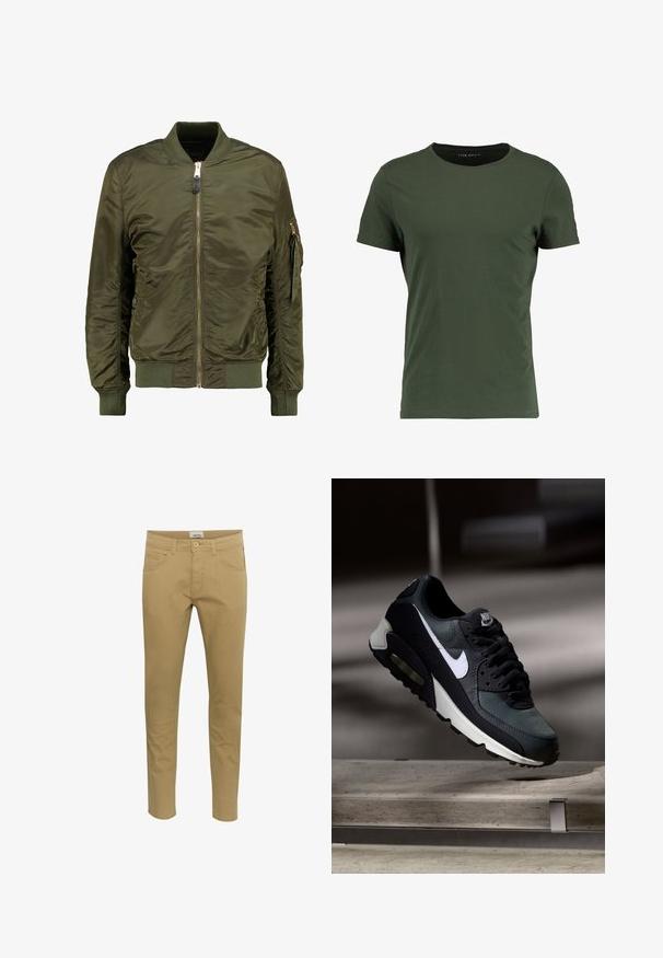 Olivgrüne Bomberjacke aus Polyester, mit Reißverschluss vorne, gerippten Bündchen und Saum, seitlichen Taschen und einer Tasche mit Reißverschluss am Ärmel.; Dunkelgrünes Baumwoll-T-Shirt mit klassischem Rundhalsausschnitt, kurzen Ärmeln und einer glatten Textur. Einfaches, ungeschmücktes Design.; Beige Chinos im Slim-Fit. Hergestellt aus einem Baumwollmischgewebe, mit zwei seitlichen Taschen und einer einzelnen Gesäßtasche, abgeschlossen mit einer Knopfschließe.; Schwarzer und grauer Nike Air Max Sneaker mit weißem Swoosh, schwebend über einer Betonfläche vor einem verschwommenen dunklen Hintergrund.