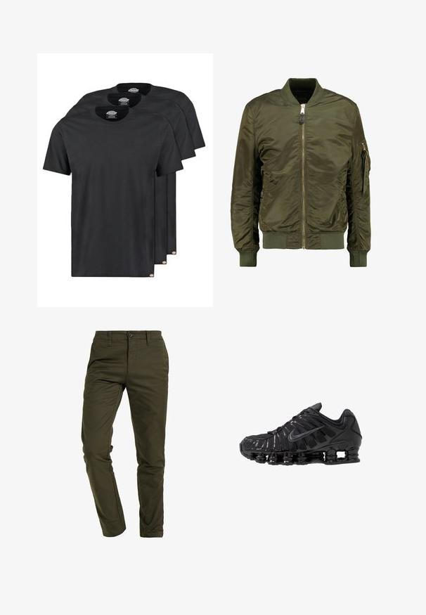 Olivgrüne Bomberjacke aus Polyester, mit Reißverschluss vorne, gerippten Bündchen und Saum, seitlichen Taschen und einer Tasche mit Reißverschluss am Ärmel.; Schwarze Baumwoll-T-Shirts im Dreierpack. Rundhalsausschnitt, kurze Ärmel und eine glatte Textur. Logo-Tag am Saum.; Olivgrüne Chinos aus strapazierfähigem Baumwoll-Mix, mit einer schmalen Passform, flachem Bund, standartmäßigen Taschen und einem sicheren Knopfverschluss.; Schwarze Sportschuhe aus Mesh- und synthetischen Materialien mit einem markanten wellenförmigen Design, schwarzer Gummisohle und reflektierenden Akzenten.