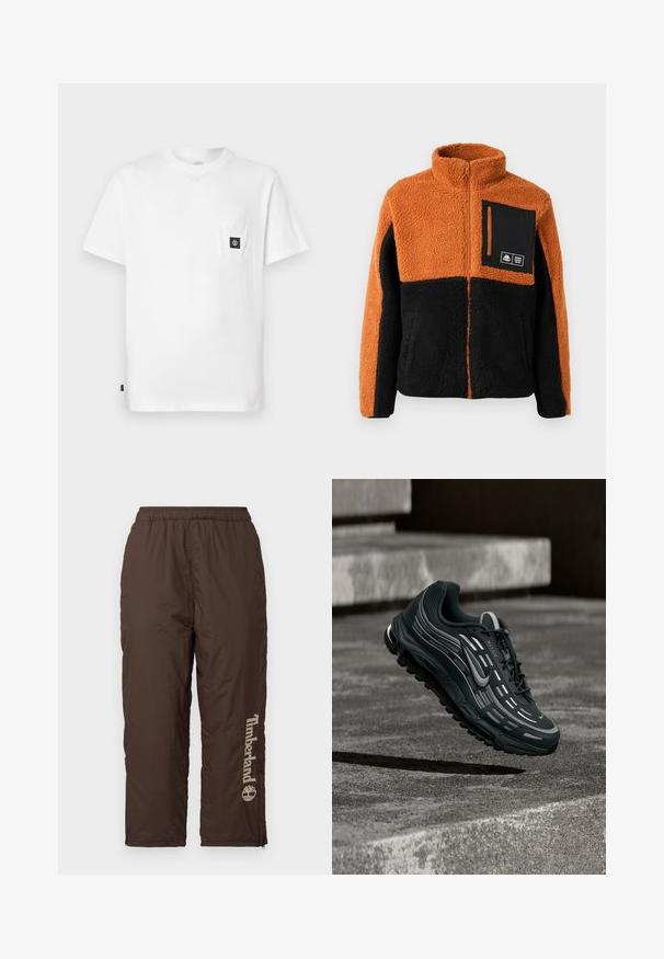 Veste en polaire avec un bloc de couleurs orange et noir, fermeture éclair intégrale, col montant, et une poche poitrine noire avec fermeture éclair et détail de logo.; T-shirt en coton blanc avec encolure ronde, manches courtes et une poche poitrine ornée d'un patch logo noir. Texture lisse, coupe décontractée.; Pantalons en nylon marron avec une ceinture élastique. Présente un logo Timberland vertical en beige clair. Texture lisse, zips aux chevilles pour ajustement.; Baskets Nike Air Max noires et grises flottant au-dessus de marches en béton gris avec un fond de sol texturé.