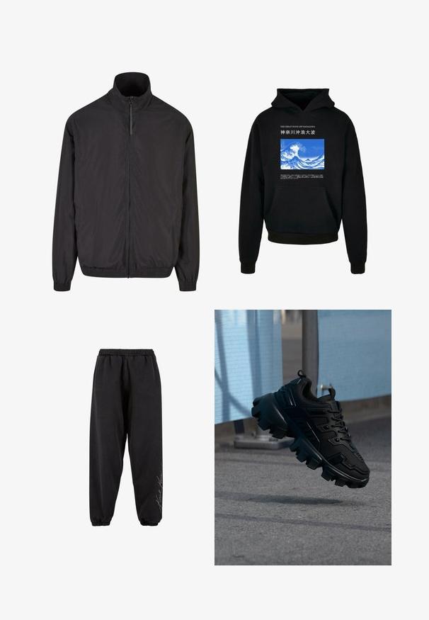 Sort letvægtsjakke med høj krave, frontlynlås, elastiske manchetter og kant. Glat tekstur og minimalistisk design. To sidelommer.; Sort hættetrøje med en frontlomme. Har et blåt og hvidt bølgedesign med tekst ovenfor og nedenfor. Fremstillet af blødt stof, ribbede manchetter og nederkant.; Sorte sweatpants lavet af blødt stof med elastisk talje. Taperede ankler og trykt tekstdetalje på den ene side. Casual, afslappet pasform.; Sort chunky sneaker med tyk slidbane sål, der svæver over en grå fortov mod en sløret lyseblå og grå baggrund.