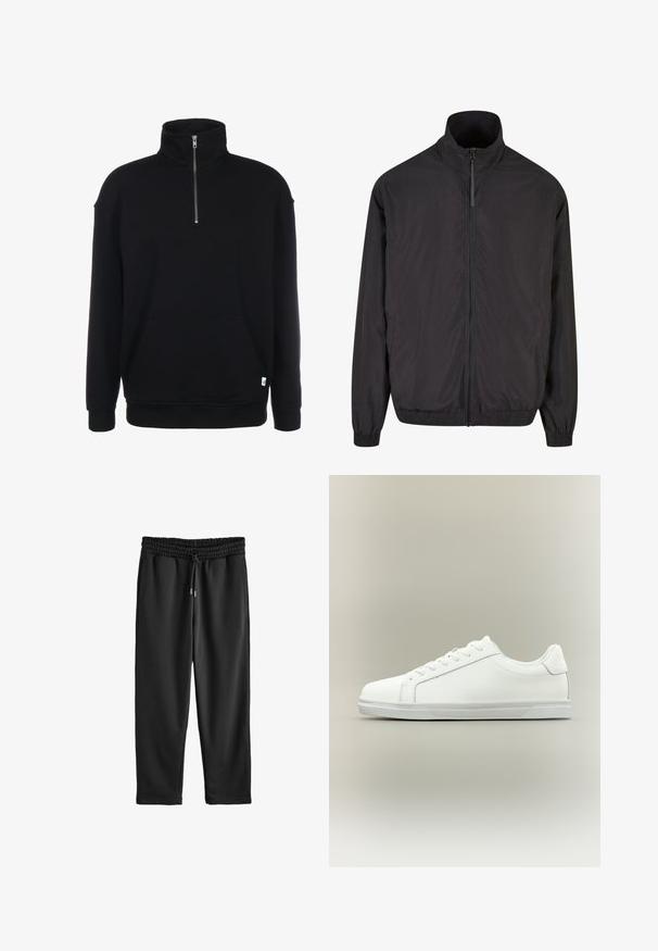 Schwarze leichte Jacke mit hohem Kragen, vorne mit Reißverschluss, elastischen Bündchen und Saum. Glatte Textur und minimalistisches Design. Zwei Seitentaschen.; Schwarzer Sweatshirt mit Zip-Kragen, langen Ärmeln, weicher Textur, einer Fronttasche und einem kleinen grünen Logo am Saum.; Schwarze Jogginghose aus weichem Stoff mit elastischem Bund, verstellbarem Kordelzug und Seitentaschen. Kurzes, verkürztes Design.; Weißer Sneaker mit niedrigem Schaft, Schnürung vorne und strukturierter Gummisohle vor einfachem neutralem Hintergrund.