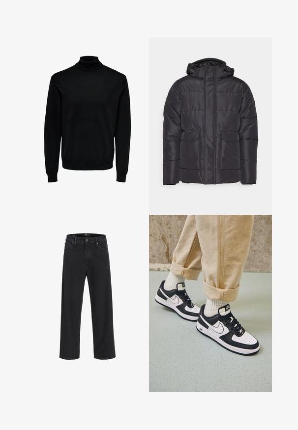 Veste matelassée noire avec capuche, dotée d'une fermeture éclair à l'avant, de deux poches avant et d'une texture lisse. Forme classique et carrée.; Pull à col roulé noir, fabriqué en tissu doux, avec des manches longues, des poignet et ourlet côtelés, un col ajusté et une texture lisse.; Jean en denim noir à jambe droite avec fermeture à bouton et à zip, passants de ceinture, et poches avant et arrière.; Baskets Nike Air Force 1 en noir et blanc avec un dessus en cuir, orteil perforé et détail de semelle texturée, portées avec un pantalon beige retroussé et des chaussettes blanches.