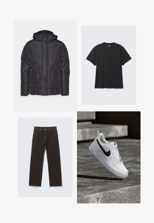 Sort polstret jakke med hætte, der har lynlås foran, to forlommer og en glat tekstur. Klassisk, firkantet form.; Sort kortærmet t-shirt lavet af bomuld. Har en rund halsudskæring og en afslappet pasform. Enkel design uden synlige mønstre eller accenter.; Svarte denimjeans med straight-leg design, fem lommer og kobberfarvet syning. Glat tekstur, klassisk knaplukning i taljen.; Hvid Nike Air Force 1-sneaker med sort swoosh, snørebånd bundet, placeret i luften over tekstureret betonoverflade udendørs.