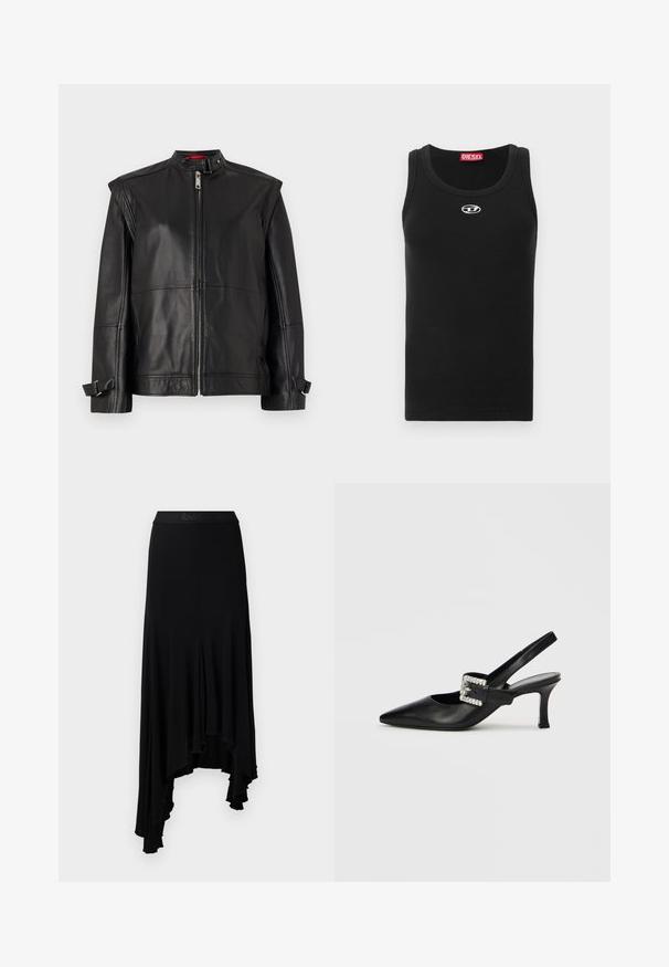Veste en cuir noir dotée d'un col haut, d'une fermeture éclair sur le devant et de sangles latérales aux poignets. Texture lisse avec une silhouette ajustée.; Débardeur noir en tissu de coton avec encolure ronde, design sans manches, et petit logo blanc sur la poitrine.; Jupe asymétrique noire avec un ourlet ondulé, fabriquée à partir d'un matériau doux et extensible, dotée d'une large ceinture avec un logo en relief.; Chaussure slingback en cuir noir avec bout pointu, petit talon et boucle ornée de strass. Texture lisse, design minimaliste.