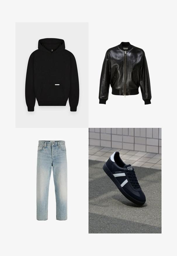 Veste bomber en cuir noir avec fermeture éclair à l'avant, poches avant inclinées, col, poignets et ceinture côtelés.; Sweat à capuche noir avec poche kangourou devant et petite étiquette rectangulaire sur la poche, présenté sur un fond clair uni.; Jean droit bleu clair avec poches avant, passants de ceinture, braguette à fermeture éclair et fermeture par bouton, fabriqué par Jack & Jones.; Sneaker en cuir noir avec des rayures blanches, semelle en caoutchouc texturée et devant à lacets. Présente une étiquette de marque sur la languette.