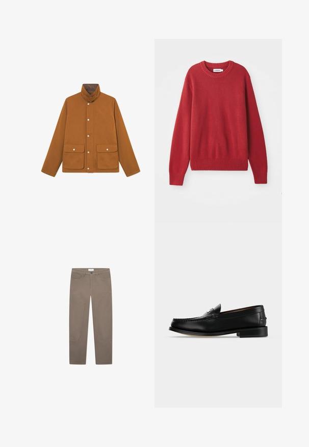 Brun letvægtsjakke med høj krave, trykknapper og to store frontlommer. Glat tekstur og skræddersyet design.; Rød strikket sweater med rund halsudskæring, ribbede manchetter og kant, der har et tekstureret, chunky mønster over det hele.; Brune bukser med lige snit, der har forlommer og accentuerende syninger langs siderne for ekstra detaljer og tekstur.; Sort læder herre loafer med lav hæl og mokkasinsyning på tåen, vist fra siden på en ensfarvet baggrund.