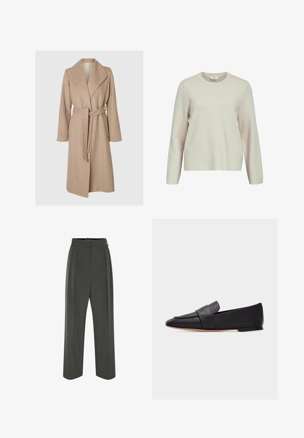 Beige lang uldfrakke med brede klapper, bælte i taljen og sidelommer på en simpel hvid baggrund.; Lys beige langærmet sweater med rund hals. Lavet af struktureret strikmateriale, med let sænkede skuldre og afslappet pasform.; Grå viddebukser i tekstureret stof med højtaljet pasform og forreste læg. Designet har en glat linning uden synlige lukninger.; Sort læderflad loafer med spids tå, bred rem over fronten og lys brun sål, vist i profil på hvid baggrund.