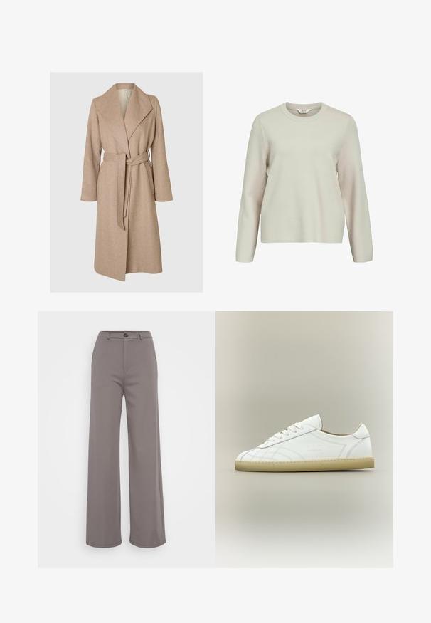 Un long manteau en laine beige avec de larges revers, une taille ceinturée et des poches latérales sur fond blanc.; Pull beige clair à manches longues avec un col rond. Fabriqué en maille texturée, présentant des épaules légèrement tombantes et une coupe décontractée.; Pantalons à jambe large en tissu gris doux. Dotés d'une fermeture à bouton et de coutures nettes. Texture lisse sans motifs ni embellissements visibles.; Baskets basses en cuir blanc avec semelle beige, lacets et motifs cousus subtils sur fond neutre.