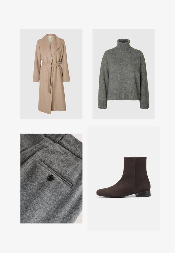 Beige lang uldfrakke med brede klapper, bælte i taljen og sidelommer på en simpel hvid baggrund.; Grå turtleneck sweater lavet af et blødt, tekstureret materiale med en afslappet pasform. Har ribbede detaljer ved krave, ærmer og kant. Enkel design.; Grå uldbukser med flad front, en enkelt baglomme med en sort knap og en blød, tekstureret finish.; Mørkebrun ruskind ankelstøvle med lav blokhæl og sidelås, slank rundet tå, på ensartet lys baggrund.