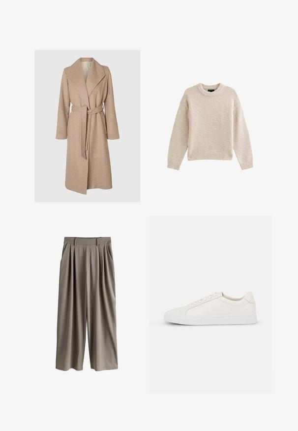 Beige lang uldfrakke med brede klapper, bælte i taljen og sidelommer på en simpel hvid baggrund.; Beige strikket sweater med rund hals, lange ærmer og ribbet kant. Tekstureret stof med en blød udseende. Enkel og alsidig design.; Beige bukser med vide ben, læg, bæltestropper og sidelommer, designet til en afslappet pasform.; Hvide lædersneakers med en glat tekstur, rund tå, snørebånd foran og flad gummisål. Enkelt design uden mønstre eller accenter.