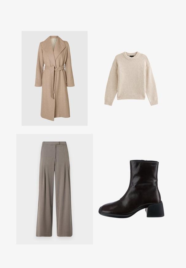 Beige lange wollen jas met brede revers, ceintuur in de taille en zijzakken op een effen witte achtergrond.; Beige gebreide trui met een ronde halslijn, lange mouwen en geribbelde zoom. Gelaagd stof met een zachte uitstraling. Eenvoudig en veelzijdig ontwerp.; Wijd uitgesneden broek in lichtbruine stof, met plooien, een vlakke taille en een nette zoom. Soepele textuur met een subtiele glans.; Vagabond ANSIE - Lage laarzen - braun