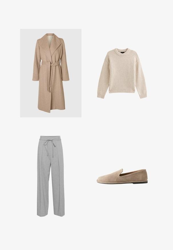 Beige langer Wollmantel mit breiten Revers, tailliertem Gürtel und seitlichen Taschen auf einem schlichten weißen Hintergrund.; Beige gestrickter Pullover mit Rundhalsausschnitt, langen Ärmeln und geripptem Saum. Texturierter Stoff mit weicher Optik. Einfaches und vielseitiges Design.; Graue Leinen-Hose mit weitem Bein und hohem Bund, ausgestattet mit einem Kordelzug, Falten an der Vorderseite und einer weichen, strukturierten Oberfläche.; Beiger Wildleder-Slipper mit abgerundeter Spitze, niedrigem flachem Absatz, genähter Sohle und elastischem Seiteneinsatz für einfaches An- und Ausziehen.