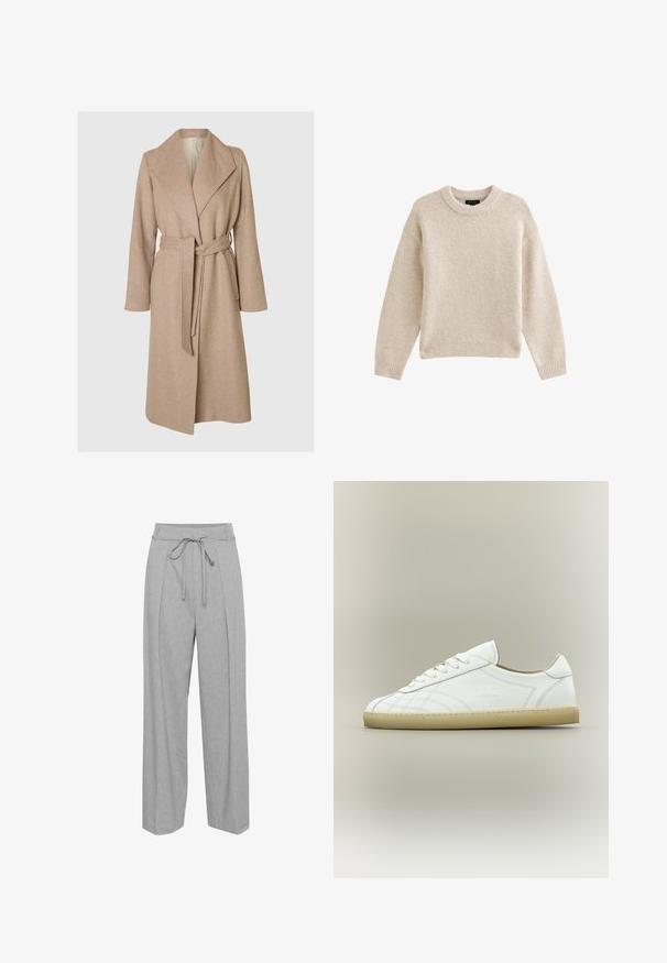 Beige langer Wollmantel mit breiten Revers, tailliertem Gürtel und seitlichen Taschen auf einem schlichten weißen Hintergrund.; Beige gestrickter Pullover mit Rundhalsausschnitt, langen Ärmeln und geripptem Saum. Texturierter Stoff mit weicher Optik. Einfaches und vielseitiges Design.; Graue Leinen-Hose mit weitem Bein und hohem Bund, ausgestattet mit einem Kordelzug, Falten an der Vorderseite und einer weichen, strukturierten Oberfläche.; Weißer Leder-Sneaker mit niedrigem Schnitt, beiger Sohle, Schnürdesign und dezenten gesteppten Mustern auf neutralem Hintergrund.