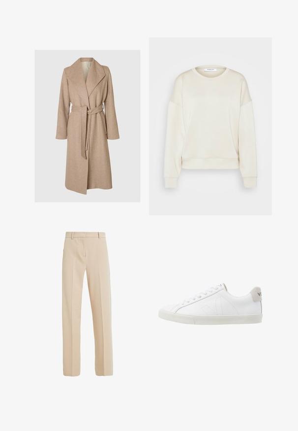 Beige lang uldfrakke med brede klapper, bælte i taljen og sidelommer på en simpel hvid baggrund.; MSCH Copenhagen IMA SWEATSHIRT - Sweatshirt - oatmeal; Beige skræddersyede bukser lavet af glat stof, med lige ben, sidelommer og folder nedad foran.; Hvide lædersneakers med en struktureret off-white gummi sål. Funktioner inkluderer snørebånd, diskrete sømme og en grå ruskindsdetalje ved hælen.