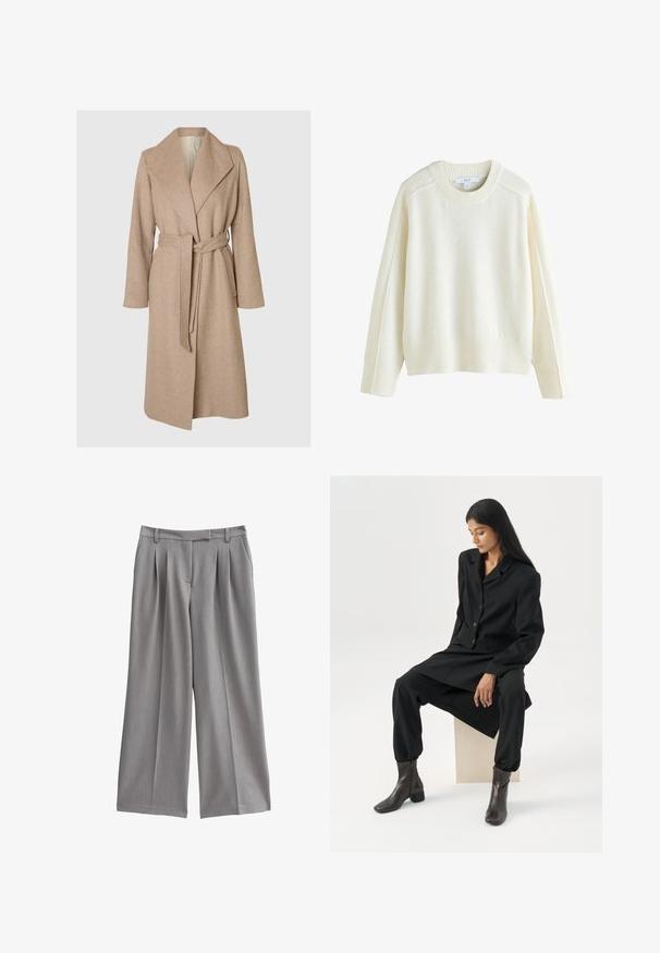 Beige lange wollen jas met brede revers, ceintuur in de taille en zijzakken op een effen witte achtergrond.; Next CREW NECK - Trui - ecru; Grijze wijde pantalon met een geplooid front, gemaakt van een gladde stof. Heeft een platte tailleband met riemlussen en zijzakken.; Vrouw met lang donker haar zittend, draag een losse zwarte blazer, bijpassende wijde broek en donkere enkellaarsjes tegen een effen witte achtergrond.