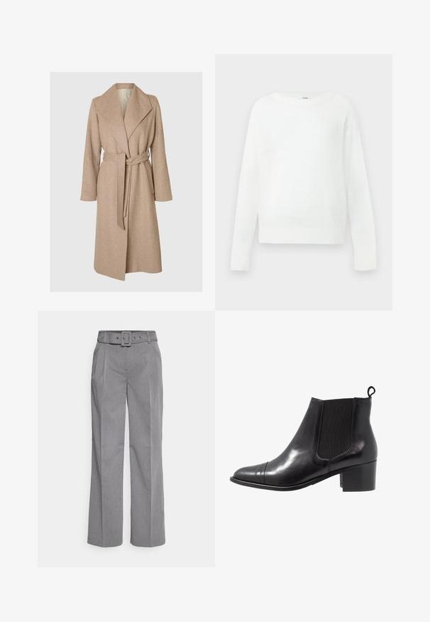 Beige lang uldfrakke med brede klapper, bælte i taljen og sidelommer på en simpel hvid baggrund.; Hvid langærmet crewneck-trøje med ribbet manchetter og kant, vist fladt mod en neutral baggrund.; ONLY ONLSOPHIE BELT WIDE PANT - Bukser - dark grey melange; Sorte læder ankelstøvler med elastiske sidepaneler, rund tå og tekstureret blokhæl. Har en løkke til at trække i bagpå for nem påtagning.
