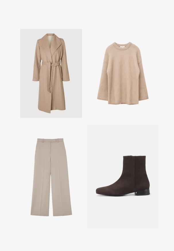 Beige lange wollen jas met brede revers, ceintuur in de taille en zijzakken op een effen witte achtergrond.; Beige trui met lange mouwen, ronde hals, zachte, pluizige textuur en een losse pasvorm, weergegeven tegen een witte achtergrond.; Beige wijdvallende, op maat gemaakte broek met verborgen voorpand sluiting en zijzakken, ontworpen voor een formele of zakelijke casual uitstraling.; Donkerbruine suède enkellaars met lage blokhak en zijrits, strak afgeronde neus, op een effen lichte achtergrond.