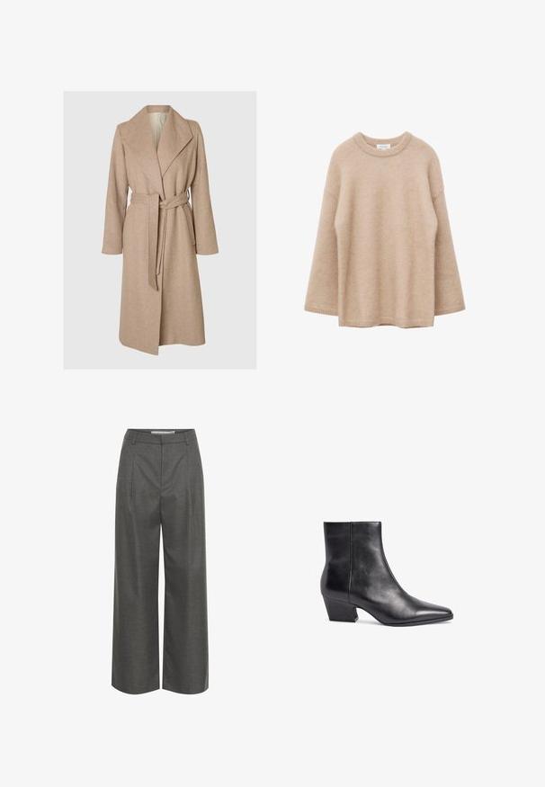 Beige langer Wollmantel mit breiten Revers, tailliertem Gürtel und seitlichen Taschen auf einem schlichten weißen Hintergrund.; Beiger Pullover mit langen Ärmeln, Rundhalsausschnitt, weicher, flauschiger Textur und lockerem Schnitt, vor weißem Hintergrund dargestellt.; Graue weite Hosen aus strukturiertem Stoff, mit hoher Taille und vorderen Falten, ohne sichtbare Taschen oder metallische Details.; Schwarze Lederankelstiefel mit spitzer Zehe, mittlerem Blockabsatz und glatter Textur. Bietet ein minimalistisches Design ohne sichtbare Beschläge.