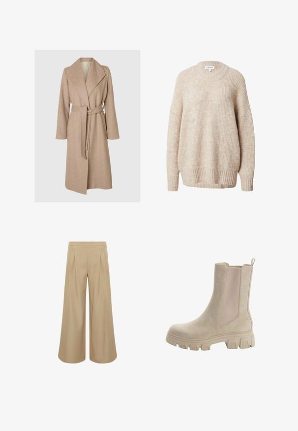 Beige lange wollen jas met brede revers, ceintuur in de taille en zijzakken op een effen witte achtergrond.; Beige gebreide trui met een ronde hals, verlaagde schouders en geribbelde manchetten en zoom. Heeft een gestructureerde, licht losse pasvorm.; Beige wide-leg cropped broek met plooien aan de voorkant en een hoge tailleband, ontworpen voor een losse, vloeiende pasvorm.; Beige Chelsea boots met een glad leren bovenwerk en elastische zijpanelen. Dikke, robuuste rubberen zool met een kenmerkend profiel en een aantrekstrip.