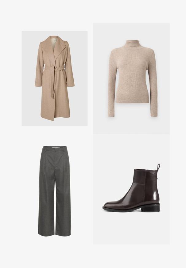 Beige langer Wollmantel mit breiten Revers, tailliertem Gürtel und seitlichen Taschen auf einem schlichten weißen Hintergrund.; Beige gerippter Langarm-Pullover mit Rollkragen auf einem schlichten weißen Hintergrund dargestellt.; Graue weite Hosen aus strukturiertem Stoff, mit hoher Taille und vorderen Falten, ohne sichtbare Taschen oder metallische Details.; Dunkelbrauner Leder-Knöchelstiefel mit niedrigem Blockabsatz, seitlichem Reißverschluss und Stofflasche hinten, im Profil auf weißem Hintergrund zu sehen.