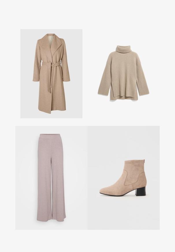 Un long manteau en laine beige avec de larges revers, une taille ceinturée et des poches latérales sur fond blanc.; Pull en col roulé beige à côtes, avec une coupe décontractée, doté de manches longues et d'un ourlet fendu sur le côté, fabriqué en un tissu tricoté doux et texturé.; Pantalons évasés en tissu doux et côtelé dans une teinte mauve clair. Dotés d'une taille élastique pour le confort et d'une silhouette fluide.; Bottines en suède beige à bout arrondi, avec des panneaux latéraux en elastic et un talon bloc avec une finition noire lisse.