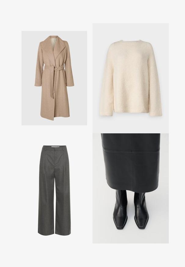 Beige lange wollen jas met brede revers, ceintuur in de taille en zijzakken op een effen witte achtergrond.; Selected SLFGABELLA O NECK CAMP - Trui - birch; Grijze wijde broek van textuurstof, met een hoge taille en verticale plooien, zonder zichtbare zakken of hardware details.; Zwarte leren hoge enkellaarsjes met een vierkante neus en een ritssluiting aan de zijkant. Glad textuur en minimale hardware; gecombineerd met een zwarte leren rok.