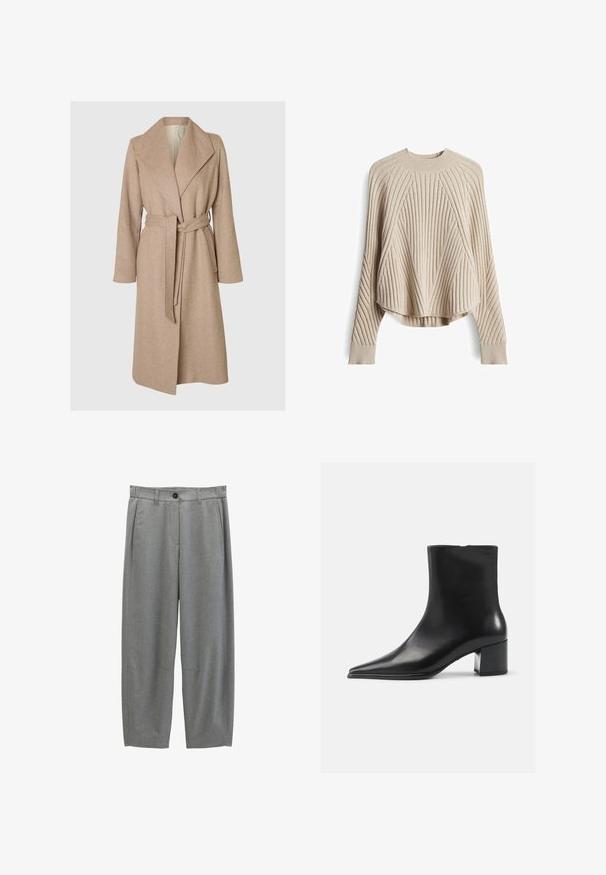 Un long manteau en laine beige avec de larges revers, une taille ceinturée et des poches latérales sur fond blanc.; Pull en maille côtelée beige avec manches longues, col rond et motifs géométriques en diagonale et verticaux sur le devant et les manches.; Pantalon de costume gris à jambes droites avec passants de ceinture, poches latérales, bouton à l’avant et fermeture éclair, présenté sur fond blanc.; Bottine en cuir noir avec un bout pointu, texture lisse et un talon bloc moyen. Design minimaliste, fermeture éclair à l'arrière.