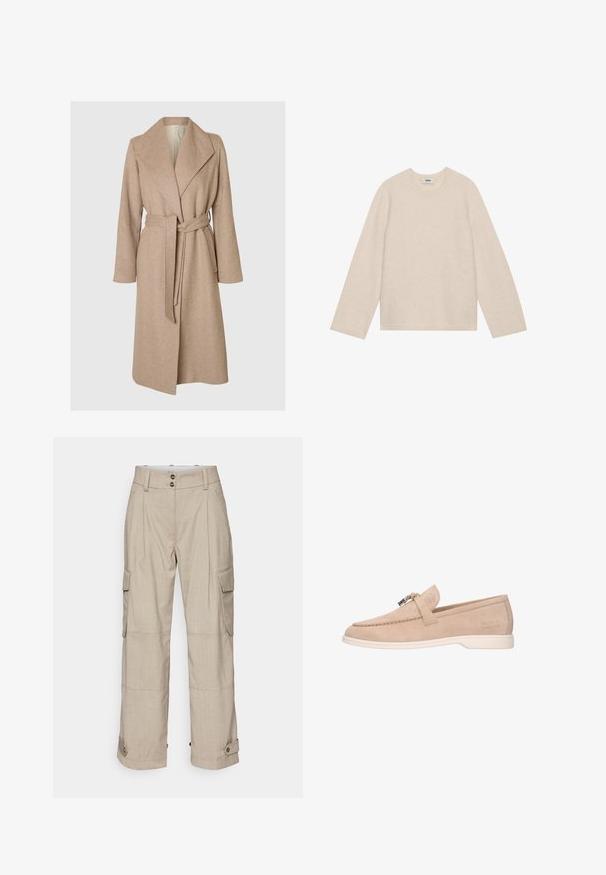 Beige lang uldfrakke med brede klapper, bælte i taljen og sidelommer på en simpel hvid baggrund.; Lysebeige langærmet sweater lavet af blødt materiale. Har en rund hals og en afslappet pasform med ribbede manchetter og kant.; DAY Birger et Mikkelsen LANCE CLASSIC BLEND - Cargobukser - stone grey; Beige ruskind slip-on loafer med hvid sål, metalspænde på toppen og "Melvin & Hamilton" præget på siden.