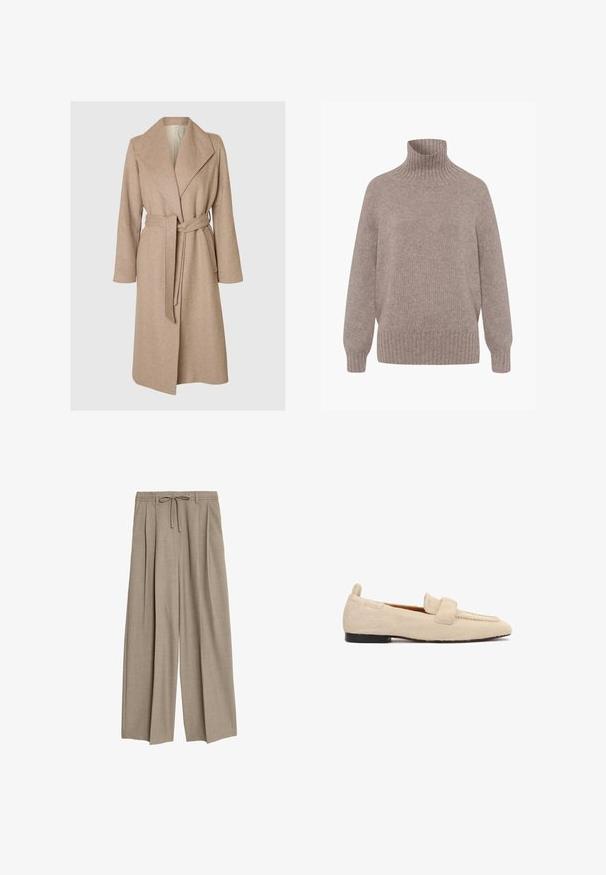 Beige lang uldfrakke med brede klapper, bælte i taljen og sidelommer på en simpel hvid baggrund.; Beige strik med høj hals og lange ærmer, ribstrikkede ærmegab, kant og krave, vist på hvid baggrund.; Beige højtaljede bukser med en afslappet pasform, der har pletter og en snøre i taljen. Materialet ser ud til at være tekstureret og let.; Beige flad loafer med en tekstureret, pelslignende overflade, sort sål og en bred rem tværs over skoens øverste del.