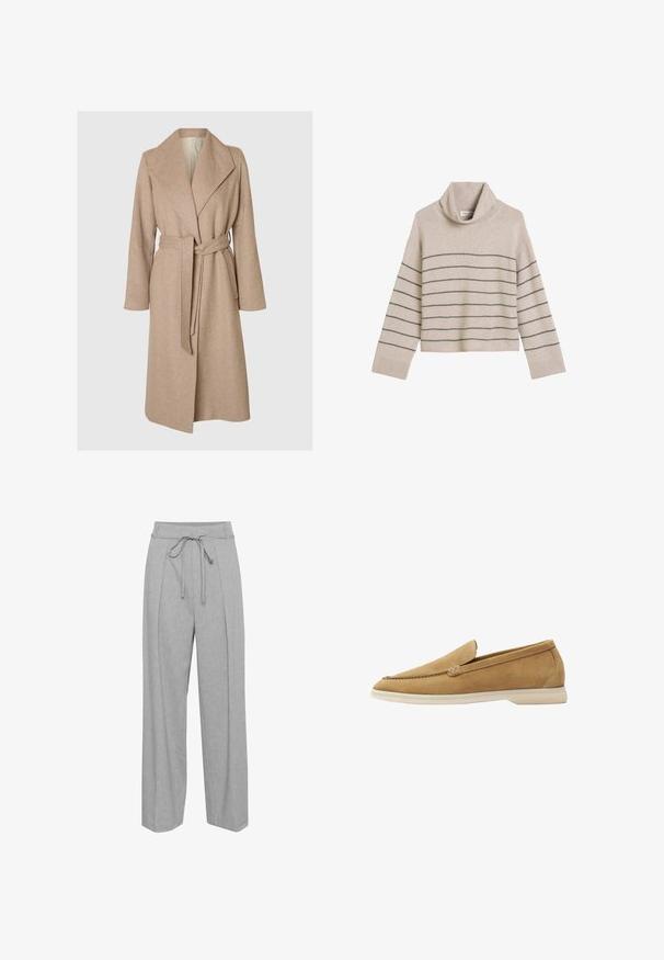 Beige lange wollen jas met brede revers, ceintuur in de taille en zijzakken op een effen witte achtergrond.; Beige gebreide trui met een col, voorzien van horizontale donkergrijze strepen, lange mouwen en een ontspannen pasvorm. Zachte textuur.; Grijze linnen broek met wijde pijpen en een hoge taille, voorzien van een trekkoord, plooien aan de voorkant en een zachte, textuurachtige afwerking.; Bruin suede instapschoen met een ronde neus, laag beige zool en minimale stiksels op de bovenkant.