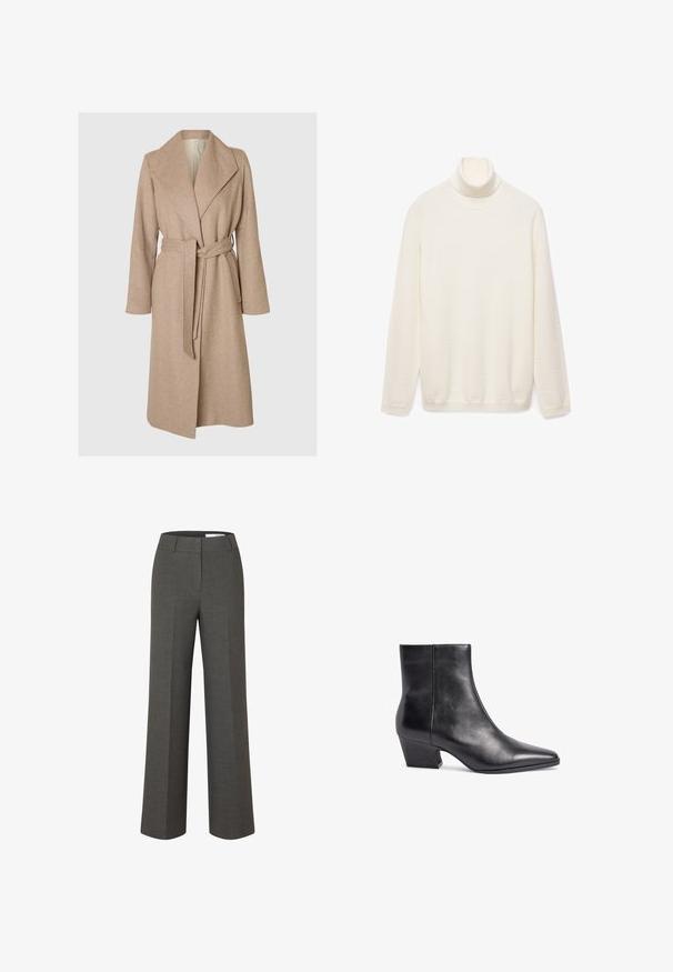 Beige lang uldfrakke med brede klapper, bælte i taljen og sidelommer på en simpel hvid baggrund.; Cremefarvet turtleneck sweater, lavet af et blødt strikstof. Har lange ærmer og en ribbet krave. Enkel, uornamenteret design.; Mørkegrå skræddersyede bukser med vide ben, frontbirl og taljebånd med bæltestropper på hvid baggrund.; Sorte læder ankelstøvler med spids tå, mellemhøj blokhæl og glat tekstur. Har et minimalistisk design uden synligt hardware.