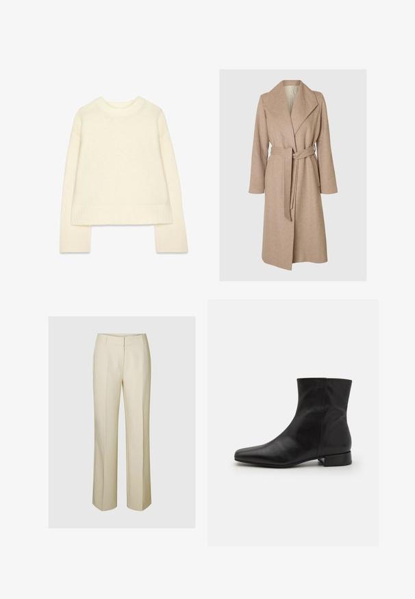 Beige lang uldfrakke med brede klapper, bælte i taljen og sidelommer på en simpel hvid baggrund.; Cremefarvet strikket sweater med rund halsudskæring, sænket skuldre og lange ærmer. Har ribbede manchetter og lige kant.; Beige vide ben bukser med skræddersyet design, der har en glat front, sidelommer og et blødt, struktureret stof.; Sort læder ankelstøvle med spids tå, glat tekstur, minimalistisk design og en lav blokhæl. Sidelukning går op til anklen.