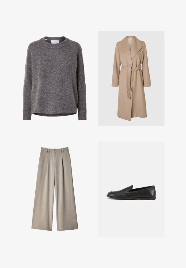 Beige lang uldfrakke med brede klapper, bælte i taljen og sidelommer på en simpel hvid baggrund.; Langærmet grå uldsweater til kvinder med rund hals, ribstrikkede manchetter og kant, mærket Selected Femme.; Lys grå brede bukser fremstillet af glat stof, med flad front, plisseringer og sidelommer.; Sorte lædersko uden snørebånd med glat finish, rund tå og minimalistisk design. Har en lav, fleksibel gummisål.