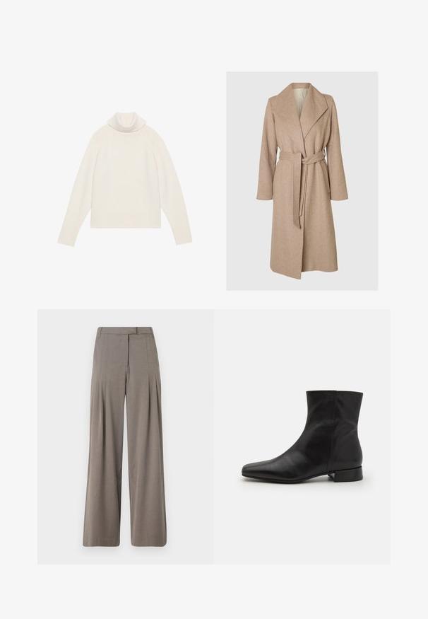 Beige lang uldfrakke med brede klapper, bælte i taljen og sidelommer på en simpel hvid baggrund.; Lyscreme turtleneck sweater med ribbet tekstur, raglanærmer og tætsiddende kant. Blødt materiale og afslappet silhuet.; Viddebukser i lysebrunt stof, med læg, flad front og en ren kant. Glat tekstur med en subtil glans.; Sort læder ankelstøvle med spids tå, glat tekstur, minimalistisk design og en lav blokhæl. Sidelukning går op til anklen.