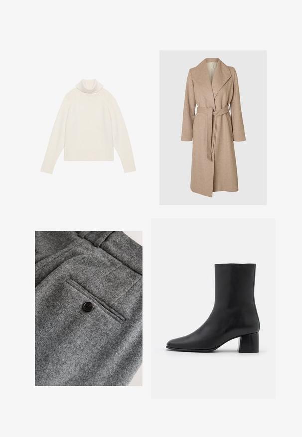 Beige lang uldfrakke med brede klapper, bælte i taljen og sidelommer på en simpel hvid baggrund.; Lyscreme turtleneck sweater med ribbet tekstur, raglanærmer og tætsiddende kant. Blødt materiale og afslappet silhuet.; Grå uldbukser med flad front, en enkelt baglomme med en sort knap og en blød, tekstureret finish.; Sorte læder ankelstøvler med spids tå og en kraftig firkantet hæl. Glat overflade med et sømløst design og minimalistisk syning.